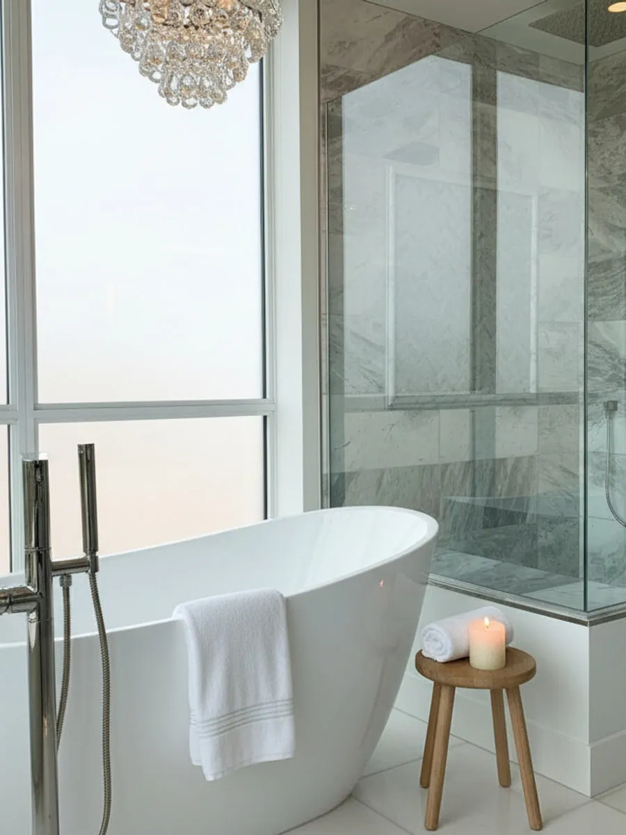 A finished bathroom with a freestanding bath, a glazed shower enclosure and a marble wall.