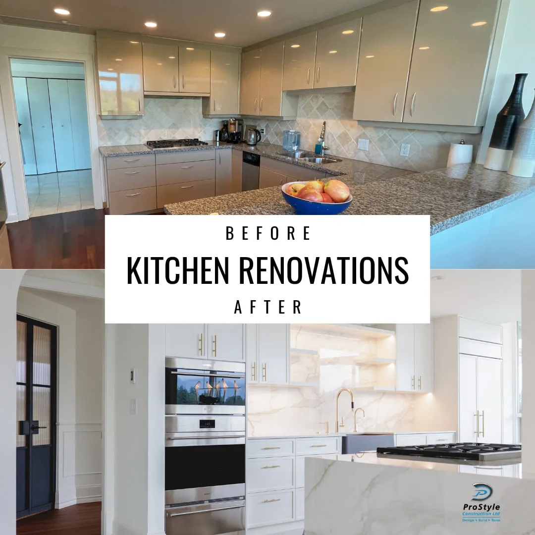 The same kitchen before and after renovation, shown one above the other.