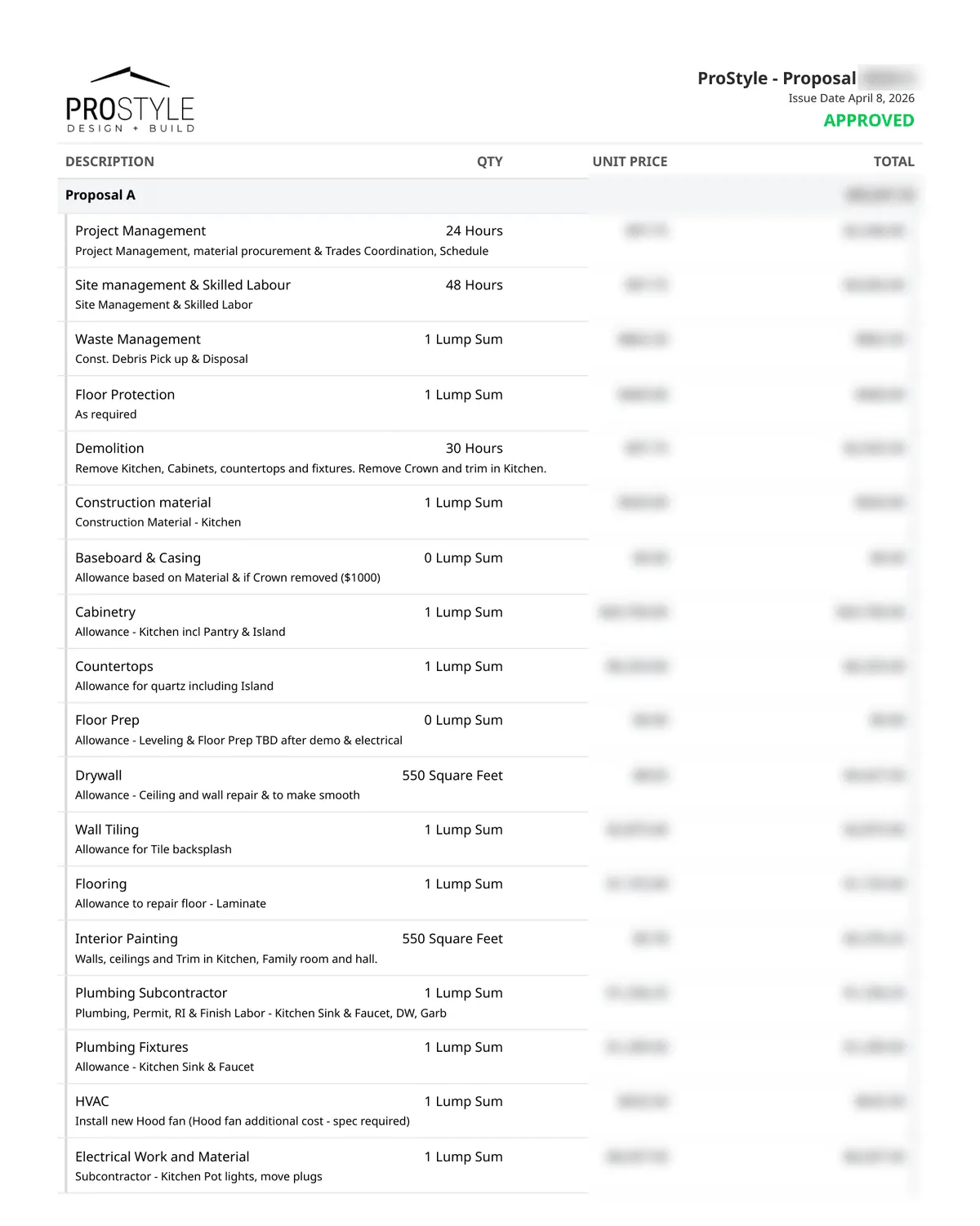 A page from a signed ProStyle line-item proposal, showing each element of the job listed and costed separately. The prices are blurred.